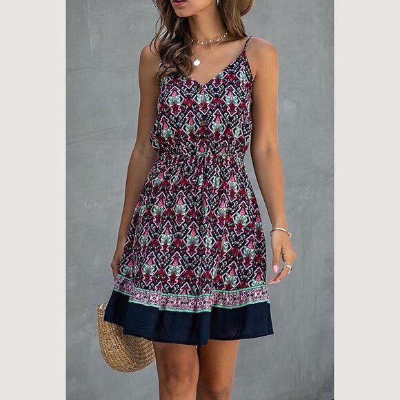 PRETTYGARDEN Dress Sz XL Blue Multi Floral Sleeveless Drawstring Buttons Lined - Picture 2 of 11